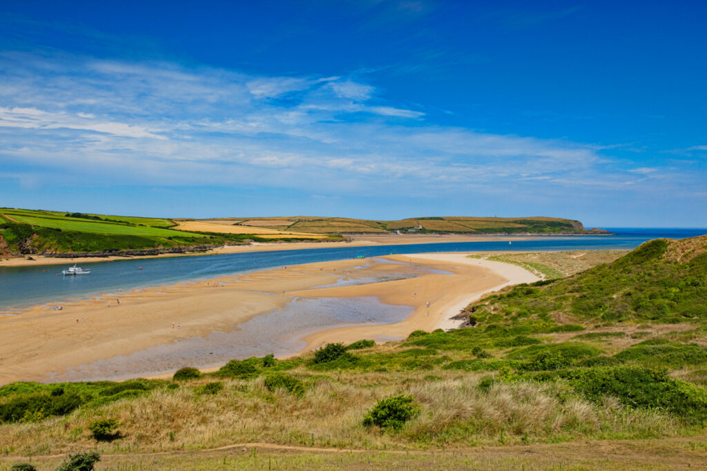 Rock Beach and the Camel Estuary, Cornwall, UK' during the summer heatwave.