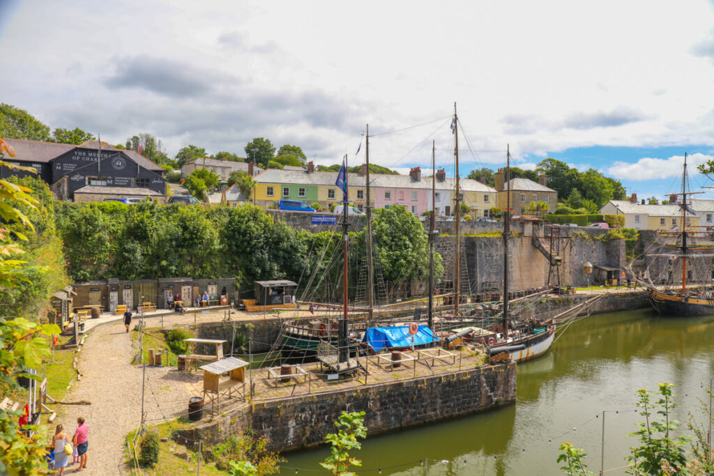 CHARLESTOWN, UNITED KINGDOM - Jul 07, 2020: Charlestown, Cornwall / UK - July 07, 2020: View of the historical Port with old sailing ships used as props in film production