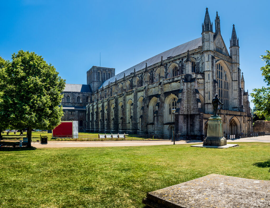 Winchester Cathedral in Hampshire, England.  One of the largest cathedrals in Europe and the greatest overall length of any gothic cathedral in Europe.