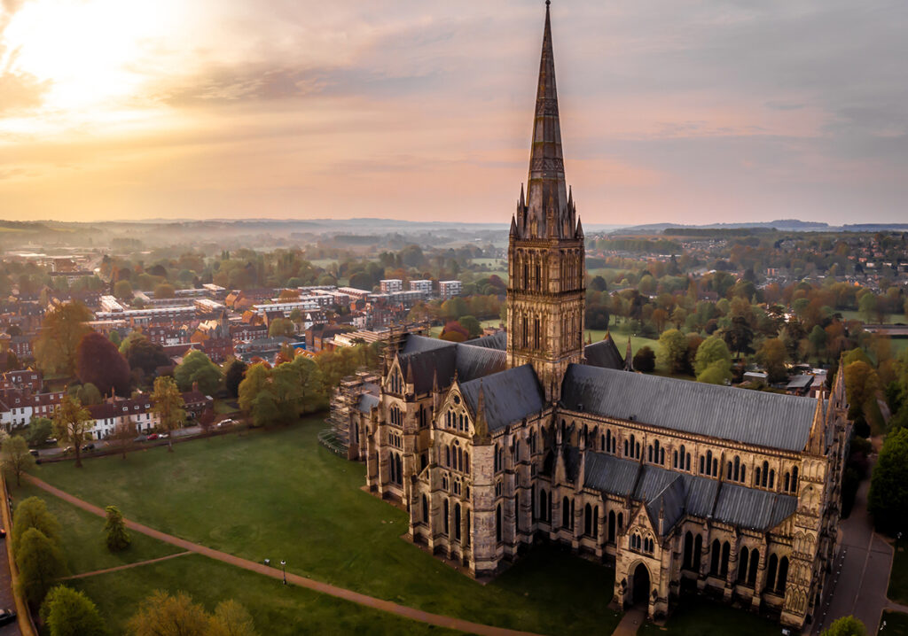 Aerial view of Salisbury cathedral in the spring morning
