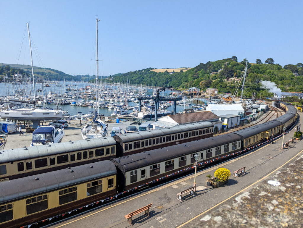 Steam train at Kingswear Station leading to Paignton