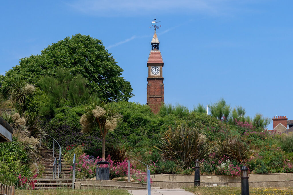Clock tower in the middle of a park in Seaton.