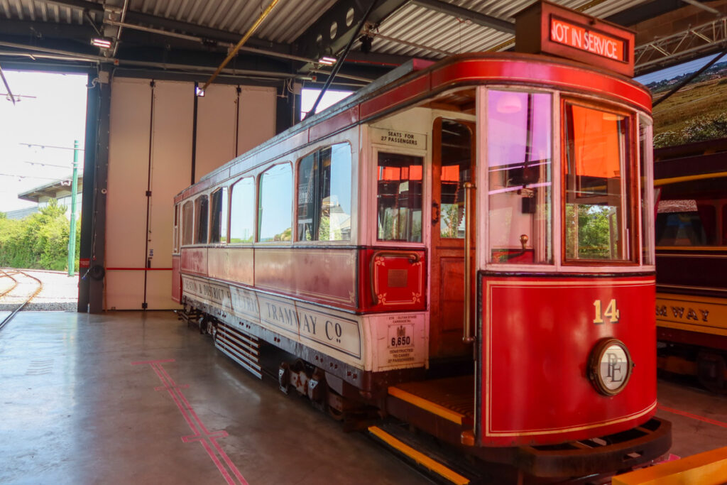 Seaton Tramway, a vintage tram that's parked in the station.