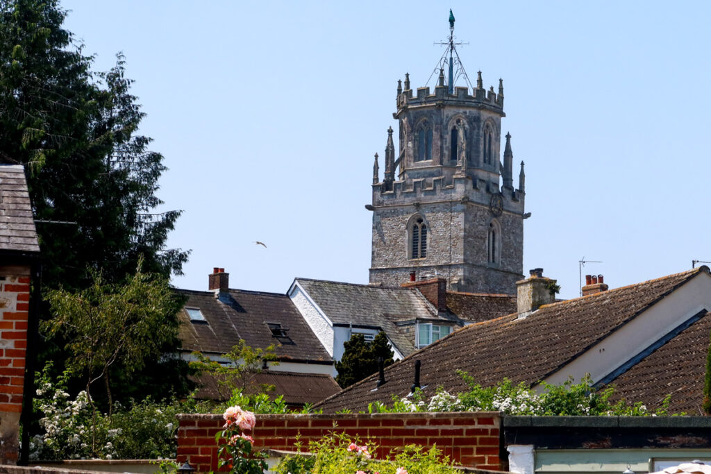 Octagonal church tower on top of a 12th century tower in Colyton.
