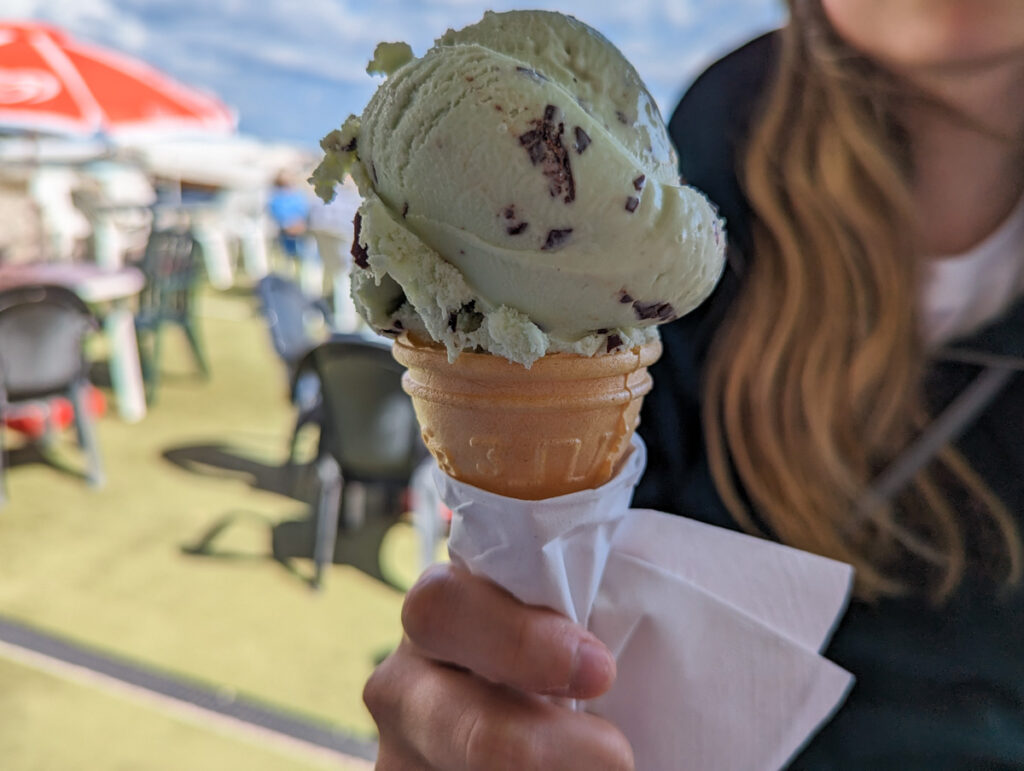 Mint chocolate chip ice cream in a cone, which you can purchase from Duckys on the beach at Beer.