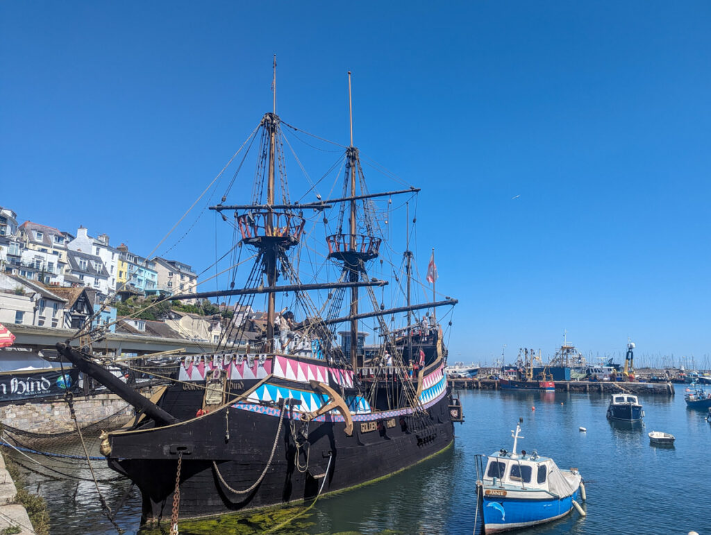 Full shot of the Golden Hind Museum Ship in Brixham.