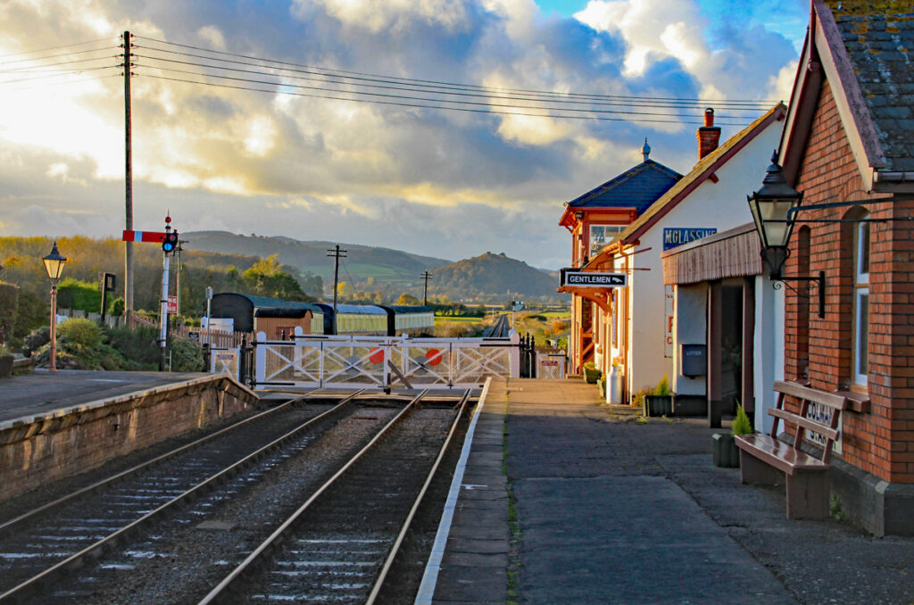 Level crossing by the station platform on the West Somerset heritage railway at Blue Anchor
